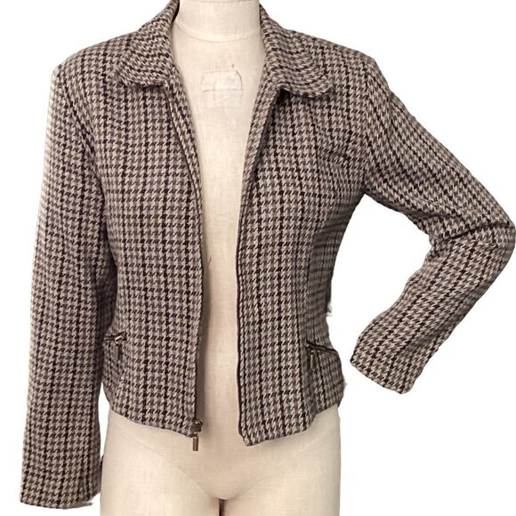 Hillard & Hanson USA Houndstooth Wool Blend Cropped Zip Jacket Sz 6 #205D - Picture 4 of 10